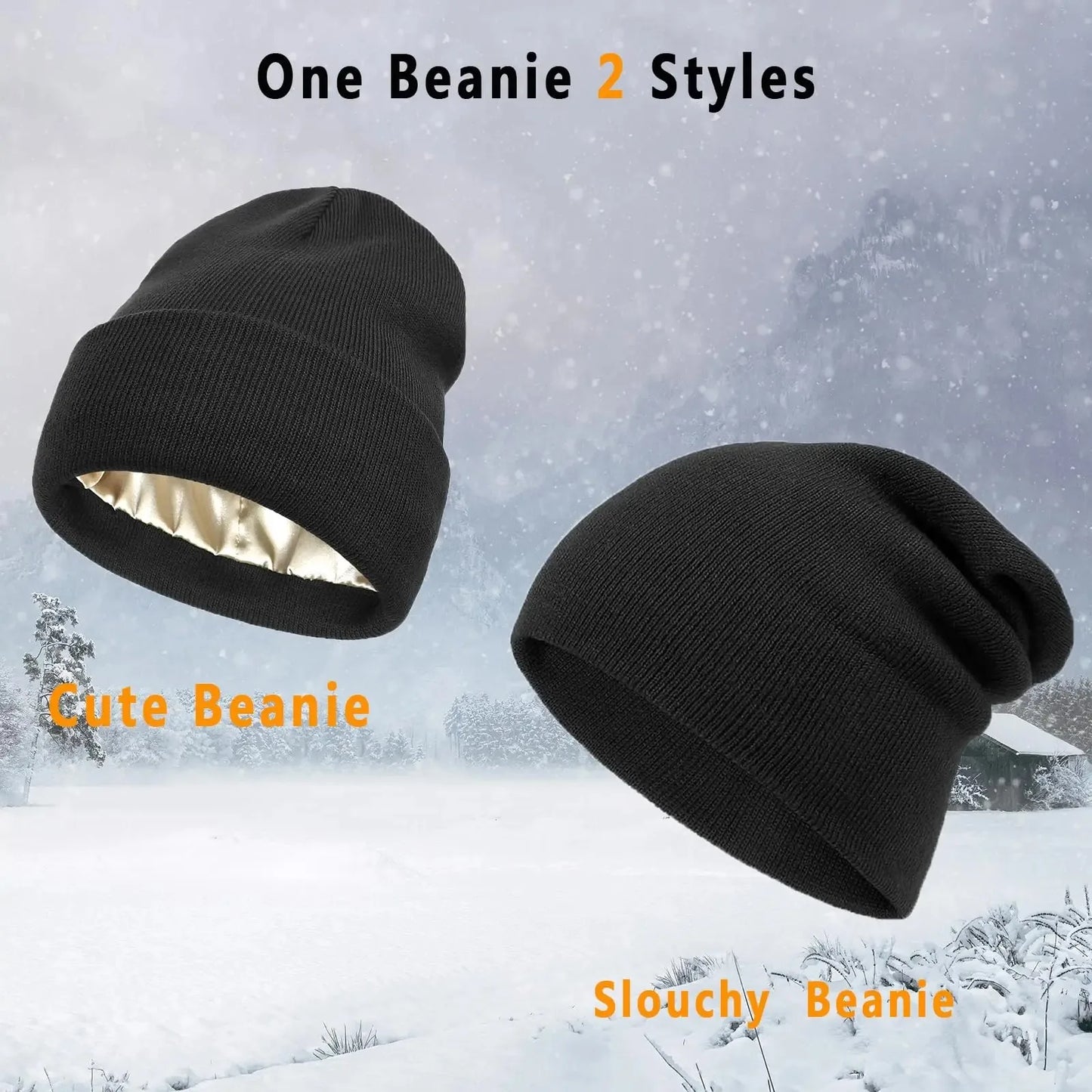 Unisex Satin Lined Anti Static Beanie Hat For Women Winter Silk Lining Slouchy Warm Cuffed Skullies 2Layer Hair Cover Sleep Cap