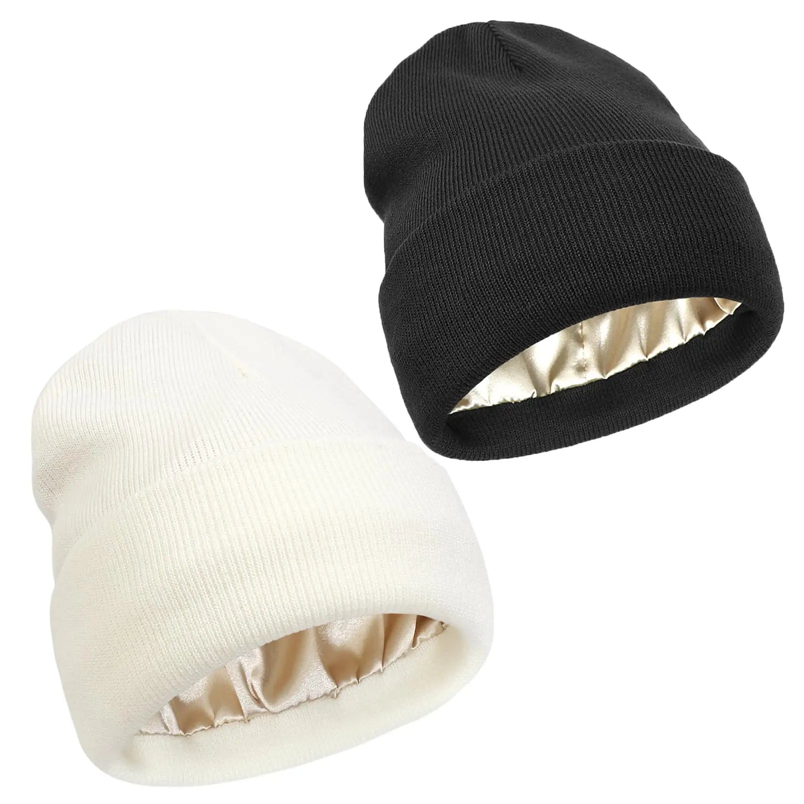 Unisex Satin Lined Anti Static Beanie Hat For Women Winter Silk Lining Slouchy Warm Cuffed Skullies 2Layer Hair Cover Sleep Cap