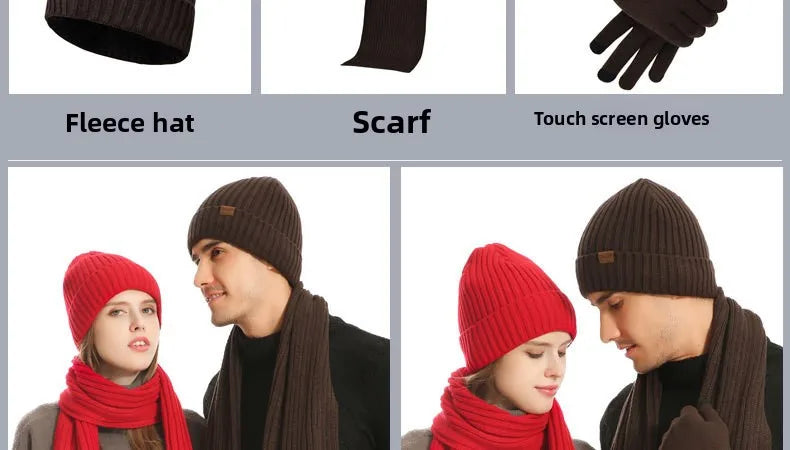 Autumn and Winter New Products Men's and Women's Fashion Atmosphere Winter Knitted Solid Color Scarf Hat Glove 3-Piece Set