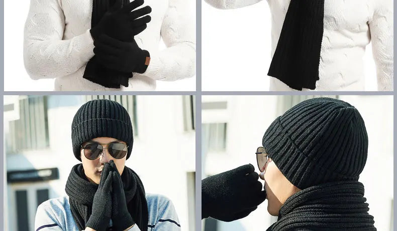 Autumn and Winter New Products Men's and Women's Fashion Atmosphere Winter Knitted Solid Color Scarf Hat Glove 3-Piece Set