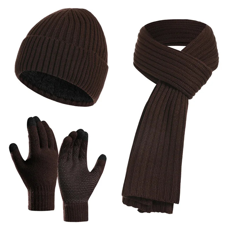 Autumn and Winter New Products Men's and Women's Fashion Atmosphere Winter Knitted Solid Color Scarf Hat Glove 3-Piece Set