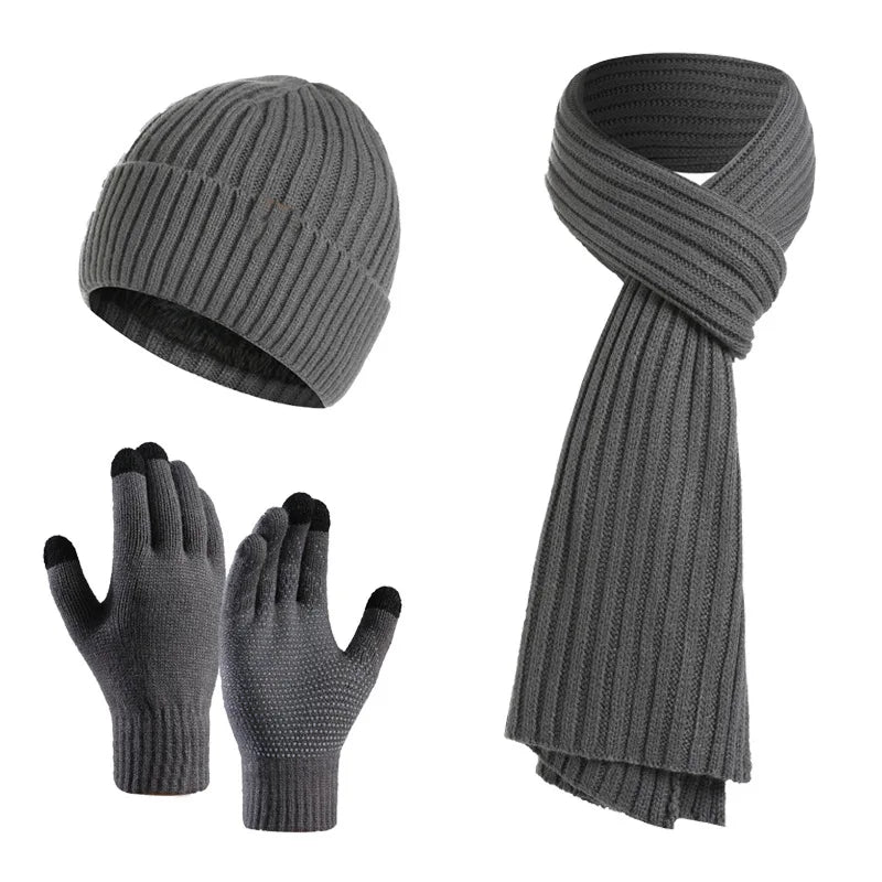 Autumn and Winter New Products Men's and Women's Fashion Atmosphere Winter Knitted Solid Color Scarf Hat Glove 3-Piece Set