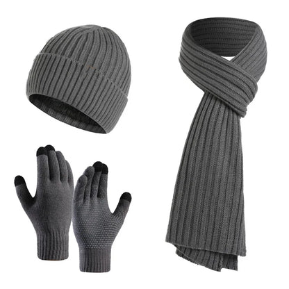 Autumn and Winter New Products Men's and Women's Fashion Atmosphere Winter Knitted Solid Color Scarf Hat Glove 3-Piece Set